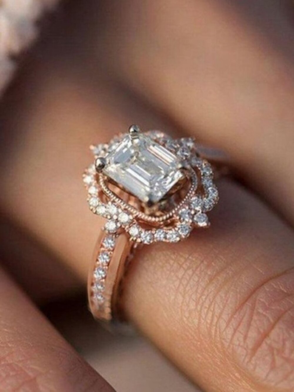 NEW Rose Gold Diamond Halo Radiant Cut Engagement Ring